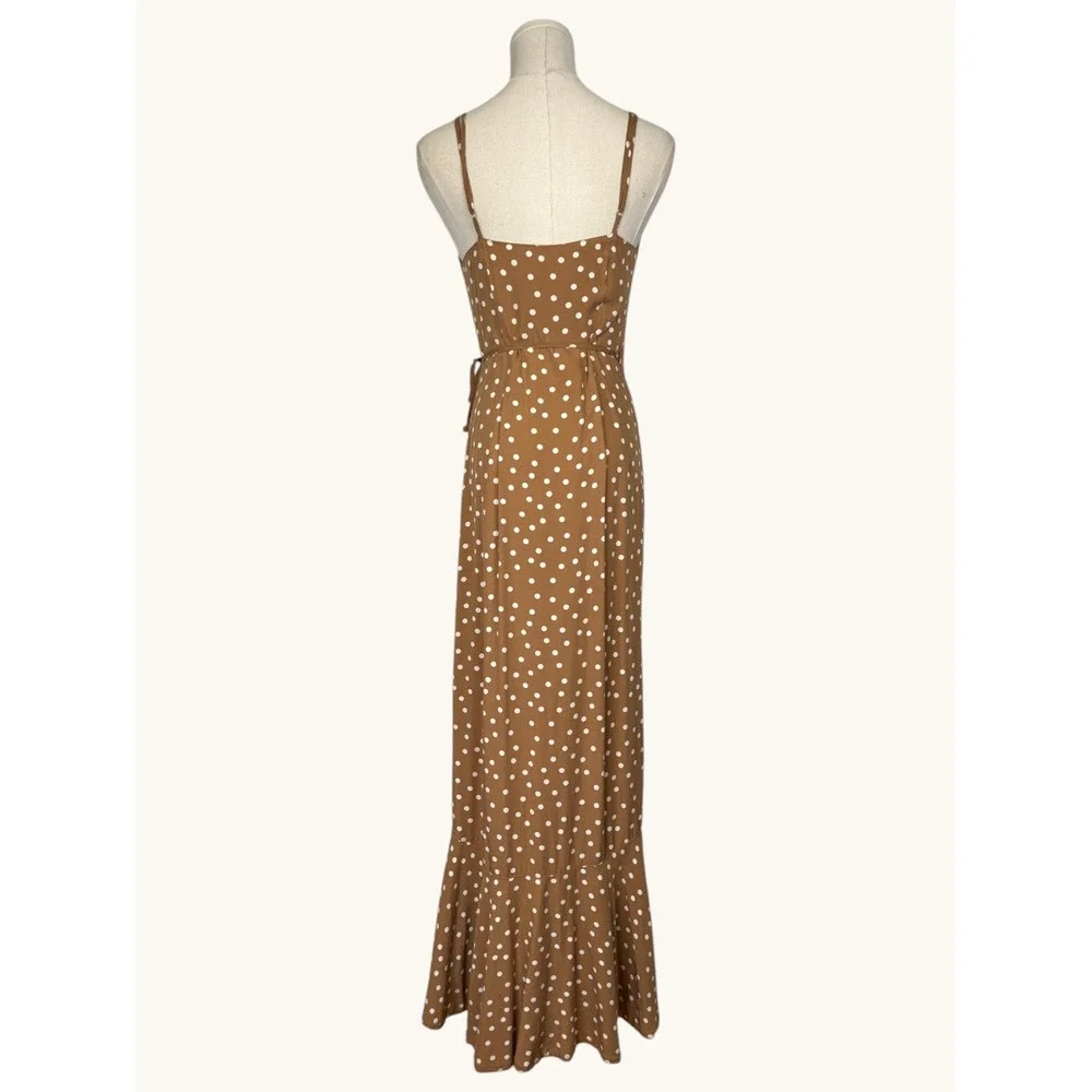 L*Space Brown Polka Dot Ruffle Wrap Maxi Dress XS Adjustable Straps Rayon